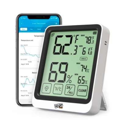 Bluetooth Digital Electronic Temperature and Humidity Meter Gauge (Thermometer and Hygrometer in one with LCD Display) - Room Humidity and Temperature Sensor Gauge with Remote App Monitoring, Notification Alerts, 2 Years Data Storage Export Questions & Answers